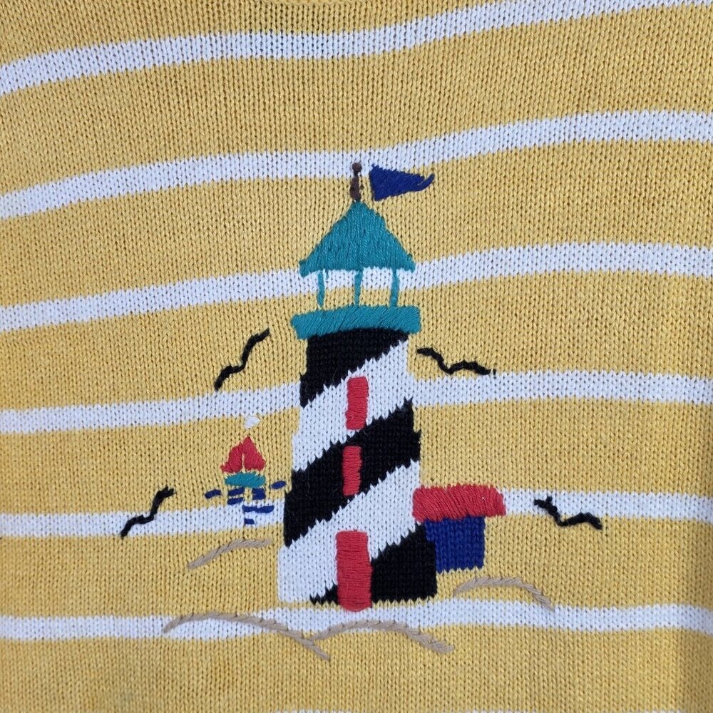 Vintage Sag Harbor Sweater Medium Yellow Lighthouse Coastal Nautical Preppy Y2K - Picture 2 of 10
